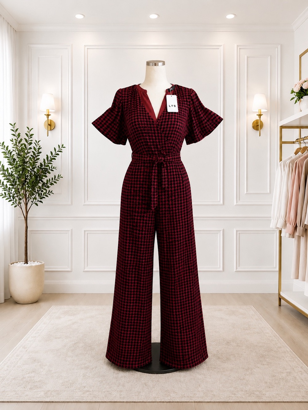 Long Tall Sally Burgundy & Black Houndstooth Wide-Leg Jumpsuit Tie Waist